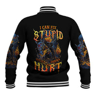 Black unisex baseball jacket with striped rib collar and large skull graphic on back