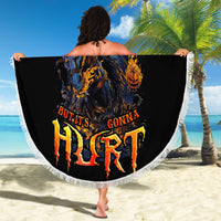 Black round beach blanket with flame skull graphic and white fringed edge