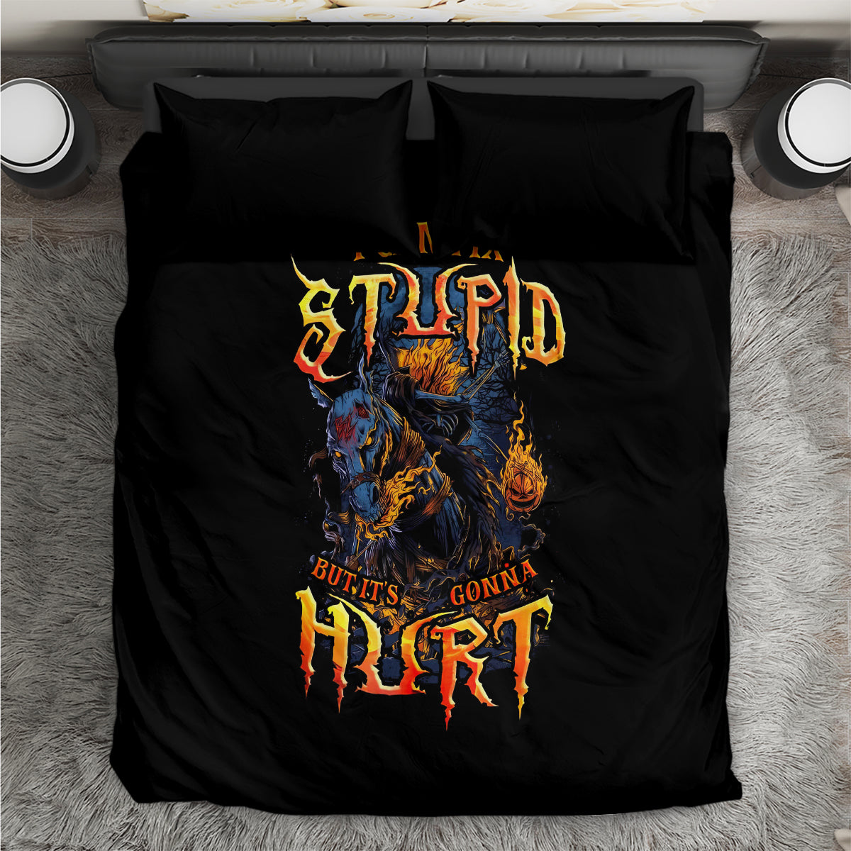 Black bedding set on gray rug featuring colorful “I Can Fix Stupid” skull print
