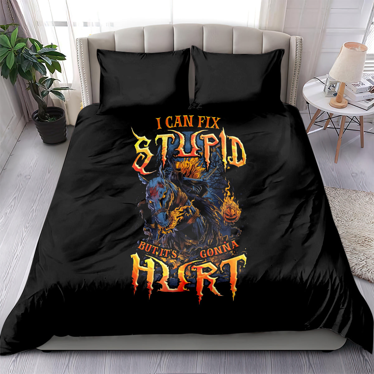 Black skull and flames graphic bedding set with matching pillowcases