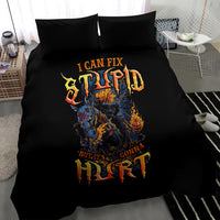 Black “I Can Fix Stupid” skull bedding set with flame artwork and matching pillows
