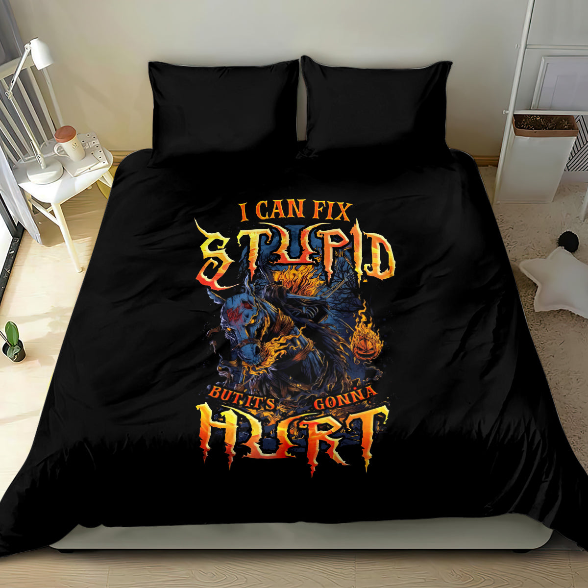 Black flame skull graphic bedding set with “I Can Fix Stupid” text on duvet
