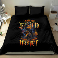 Black flame skull graphic bedding set with “I Can Fix Stupid” text on duvet