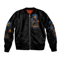 Unisex black bomber jacket with front zip and blue-orange skull graphic