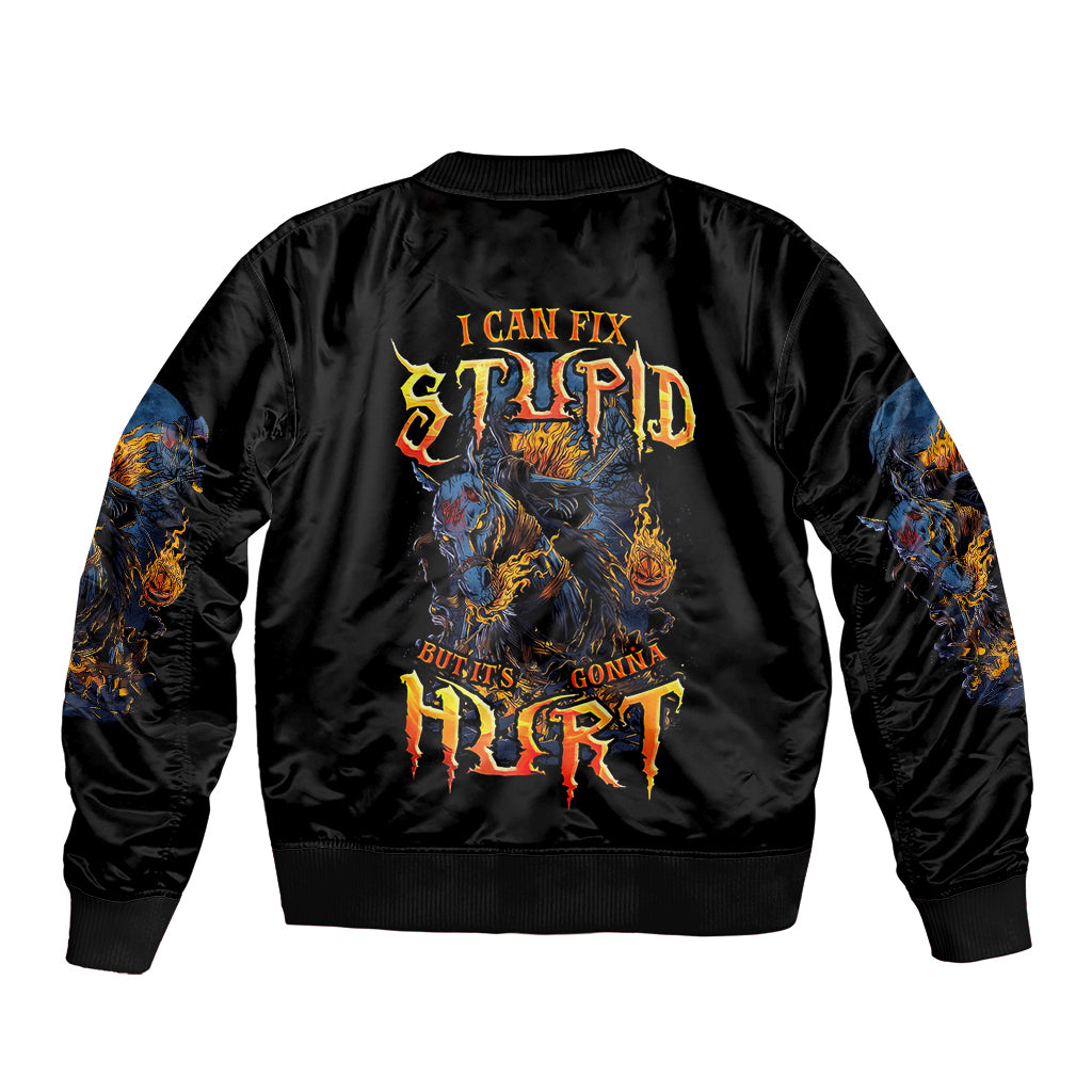 Unisex black bomber jacket with back text I Can Fix Stupid and skull flames