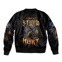 Unisex black bomber jacket with back text I Can Fix Stupid and skull flames