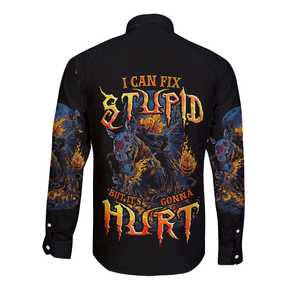 Jack O Lantern Skull Long Sleeve Button Shirt I Can Fix Stupid But It's Gonna Hurt - Wonder Print Shop