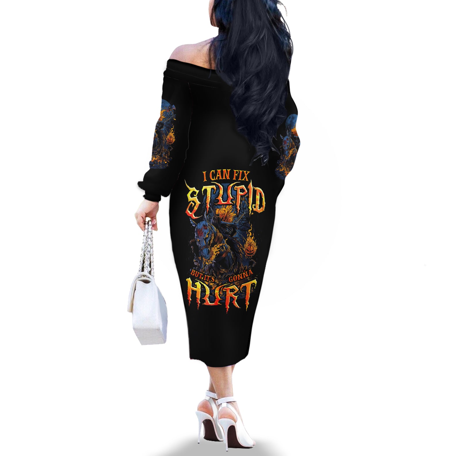 Jack O Lantern Skull Off The Shoulder Long Sleeve Dress I Can Fix Stupid But It's Gonna Hurt - Wonder Print Shop