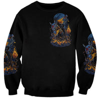 Unisex black sweatshirt with blue-and-orange skull graphic at center front