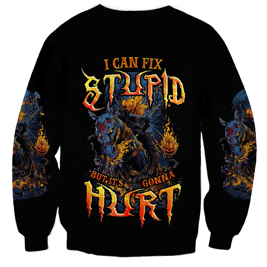 Unisex black sweatshirt with fiery skull graphic and warning text on front