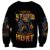 Unisex black sweatshirt with fiery skull graphic and warning text on front