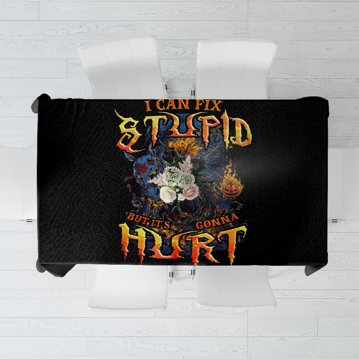 Black tablecloth panel with colorful skull-and-jack-o-lantern print