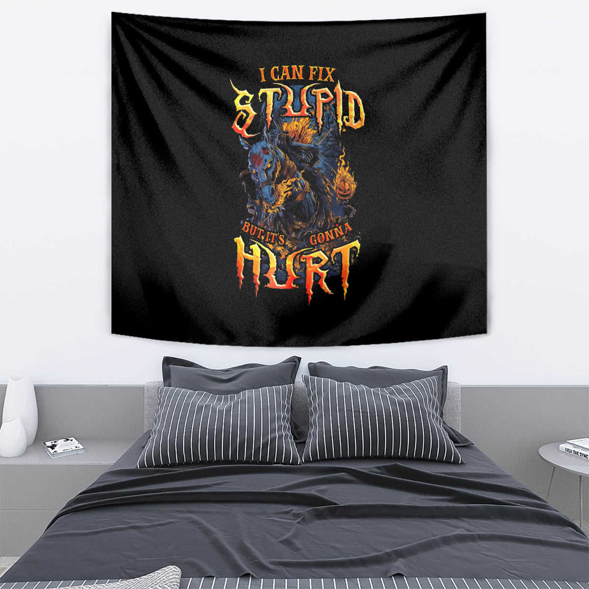 Black skull horror graphic tapestry with fiery flames and bold central artwork