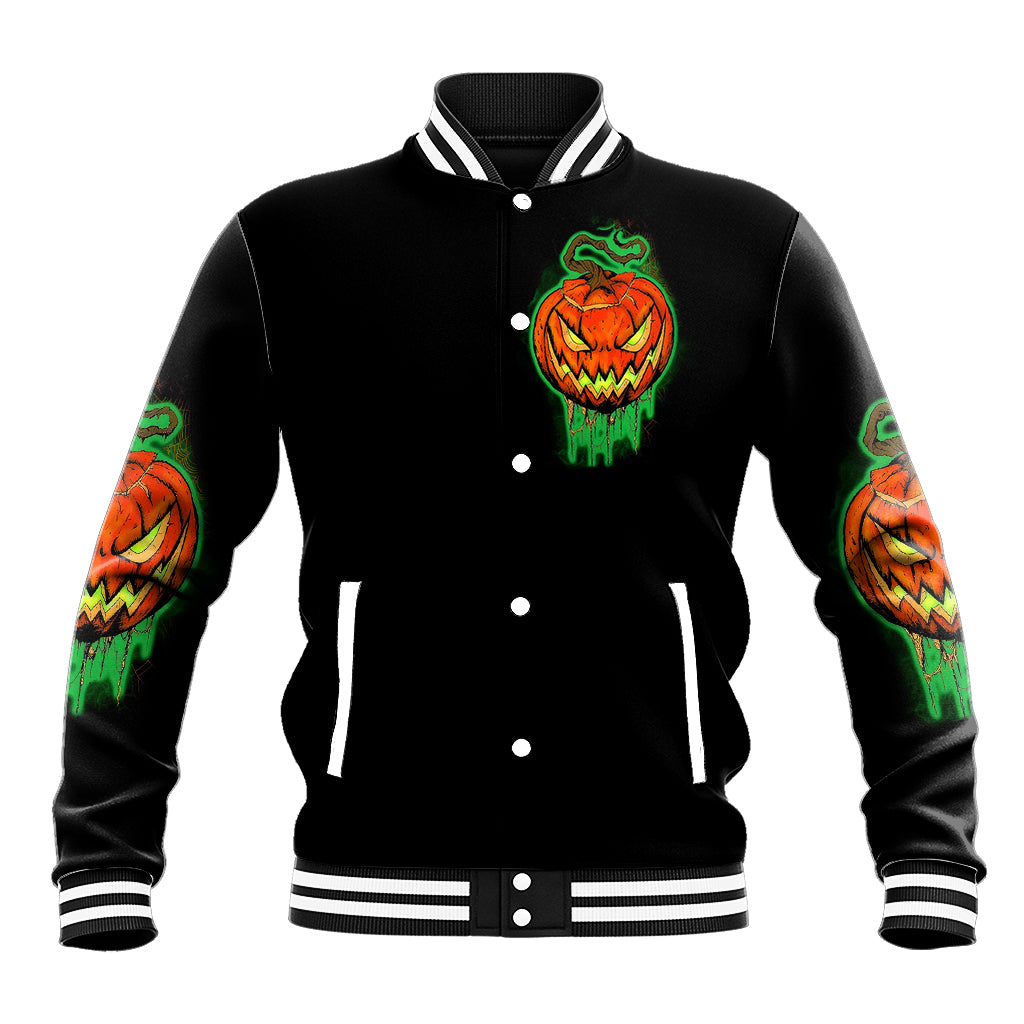 Black baseball jacket, button front, striped collar/cuffs, jack-o-lantern skull chest graphic