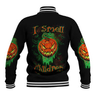 Black baseball jacket, striped collar/cuffs, jack-o-lantern skull back graphic