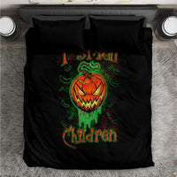 Black duvet and pillow set featuring jack-o-lantern skull graphic with green and orange text