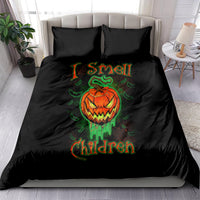 Black bedding set for kids with jack-o-lantern skull graphic and green glowing text on duvet