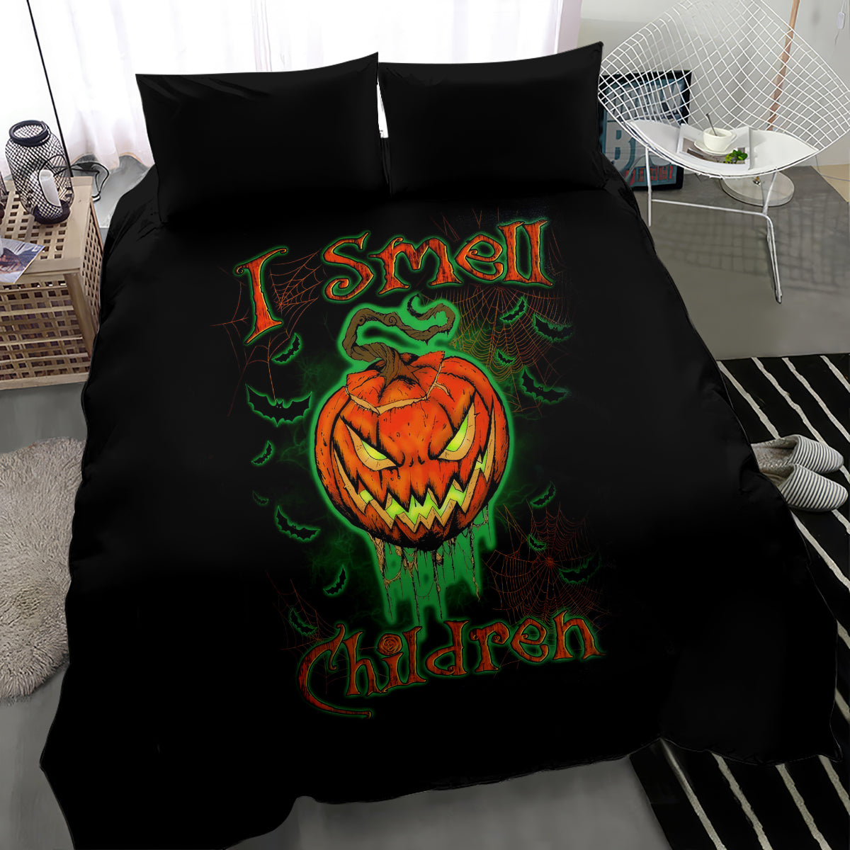 Black kids bedding set with jack-o-lantern skull print and glowing green lettering on duvet