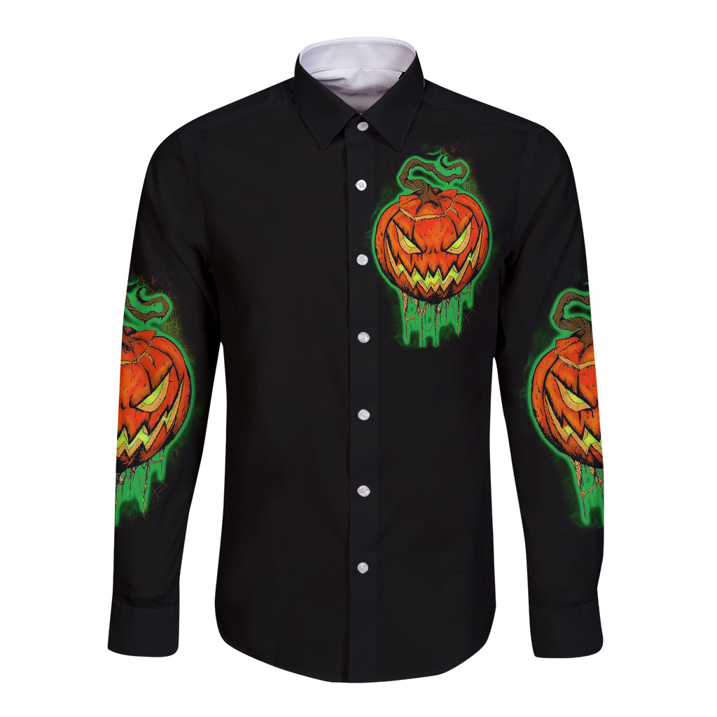 Black long-sleeve button shirt with front jack-o-lantern pumpkin graphic and matching sleeve art