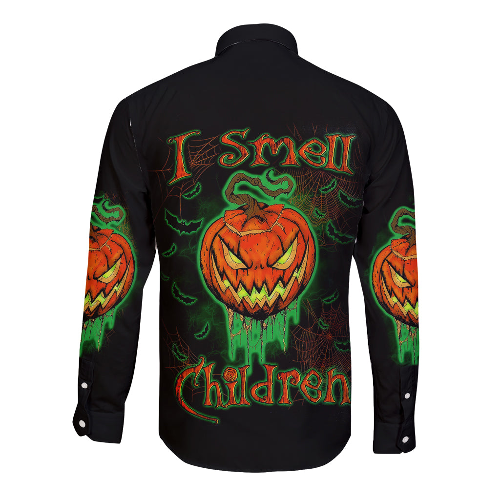 Black long-sleeve button shirt with back print of jack-o-lantern skull, 'I smell children'