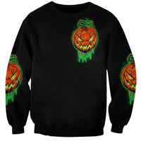 Black crewneck sweatshirt with small jack-o'-lantern graphic and matching sleeve prints
