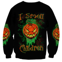 Black crewneck sweatshirt with jack-o'-lantern skull graphic and multicolor text