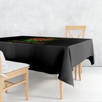 Black jack-o’-lantern skull tablecloth with colorful hazard-style graphic