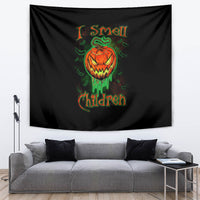 Black “I Smell Children” tapestry showing orange jack-o’-lantern skull and green snake