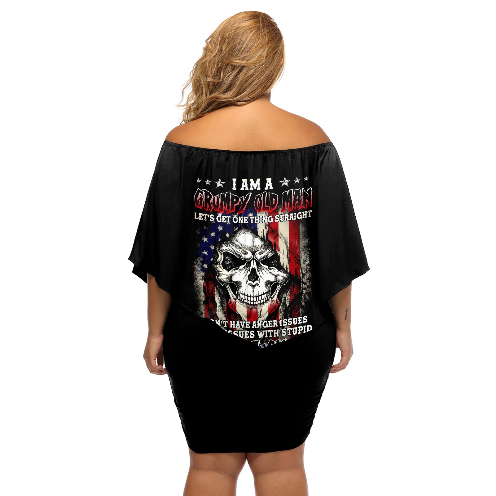 American Skull Off Shoulder Short Dress Grumpy Old Man Motherfuckers Who Make Me Angry - Wonder Print Shop