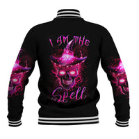 Black baseball jacket with purple skull graphic and 'I am the Spell' on back