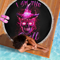 Black round beach blanket with purple skull graphic, fringed edge, 150cm diameter.