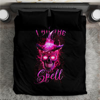 Black bedding set with witch skull graphic, pink glow, and two matching pillowcases