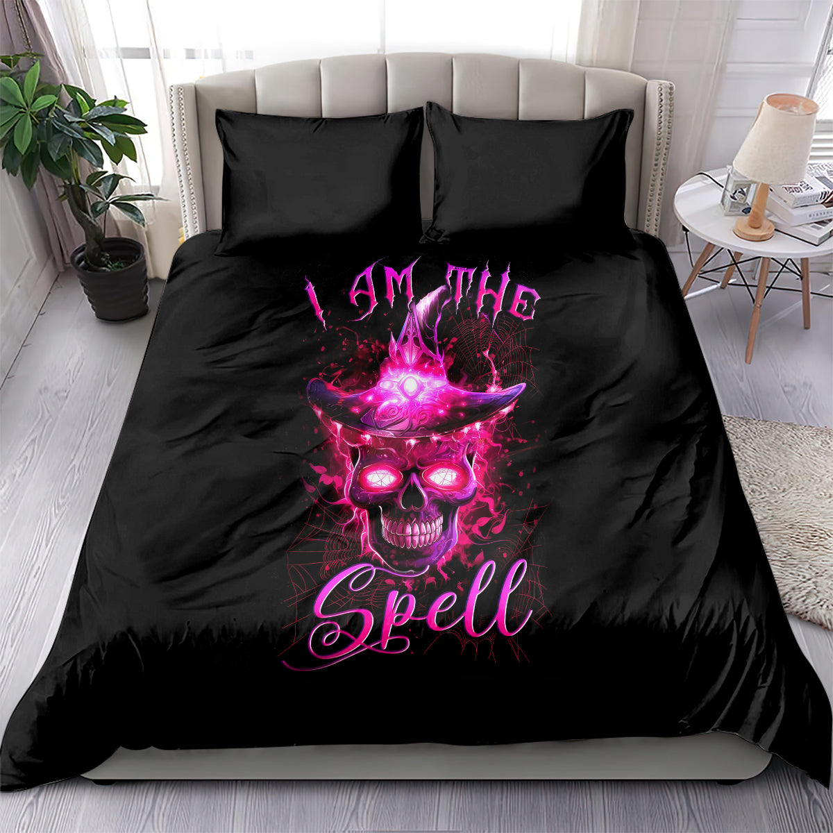Black witch skull bedding set with pink magical spell design and matching pillowcases