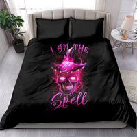 Black witch skull bedding set with pink magical spell design and matching pillowcases