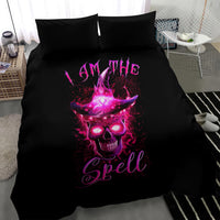 Black duvet bedding set featuring glowing witch skull and two dark pillowcases