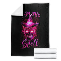 Black witch skull blanket with purple 'I AM THE Spell' graphic, stacked with white rolls