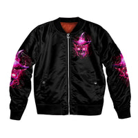 Black unisex bomber jacket, front zipper; pink skull spell graphic, orange lining