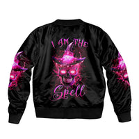 Black unisex bomber jacket with pink glowing skull spell graphic on back