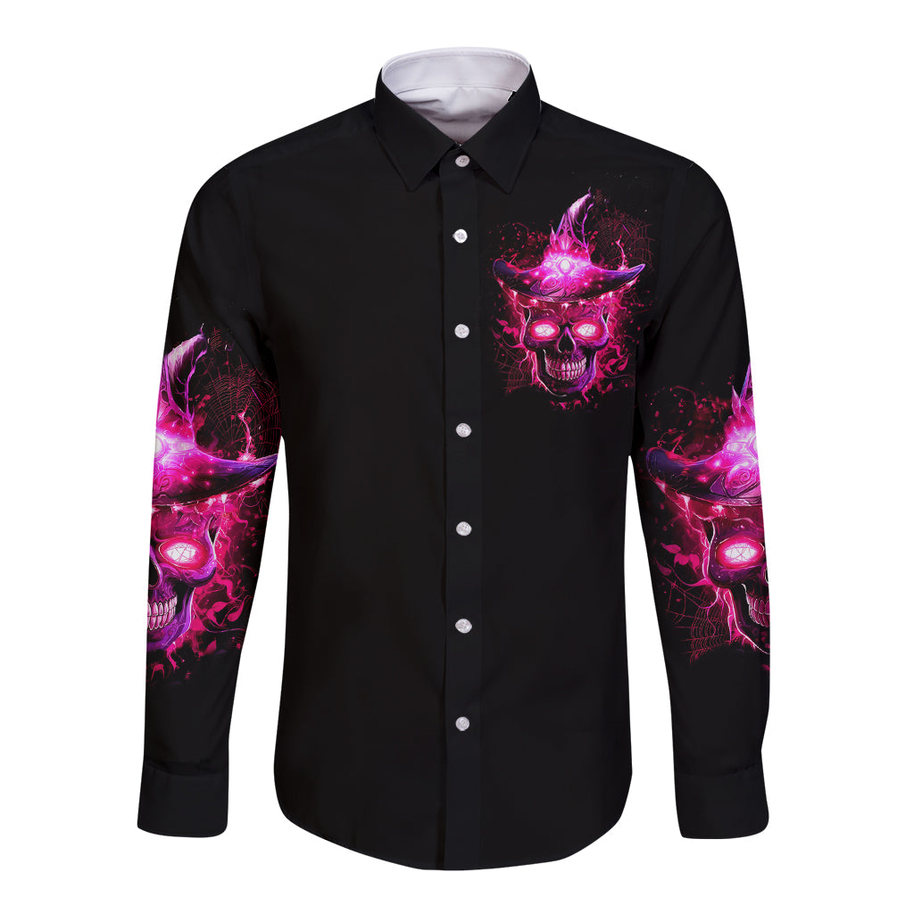 Black long-sleeve button shirt, front chest skull graphic with purple glow and buttons