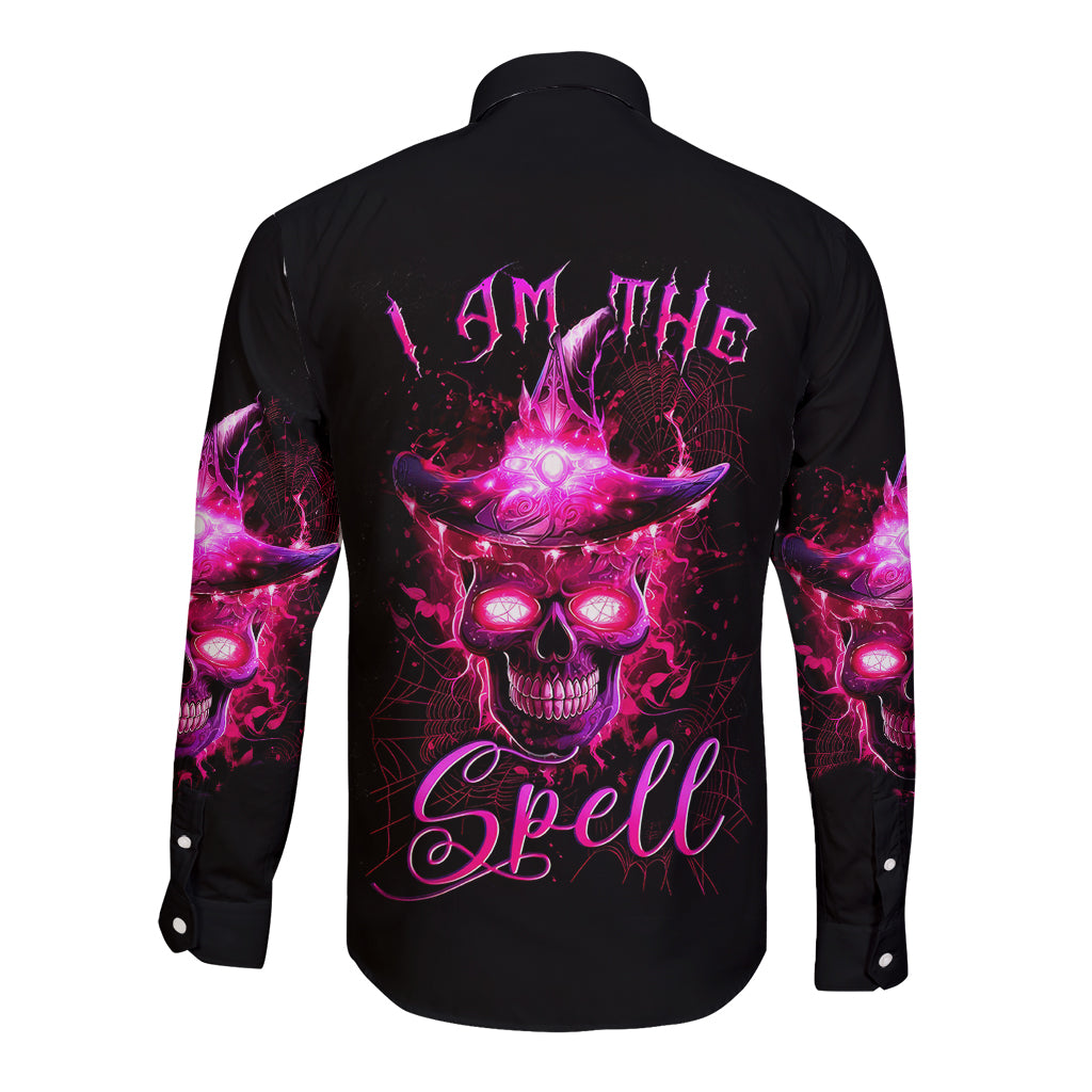 Black long-sleeve button shirt, back print of glowing skull with purple spell design
