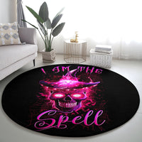 Round black area rug featuring a purple skull and the word "Spell"