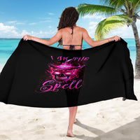 Black witch skull sarong with purple spell graphic, draped shoulders