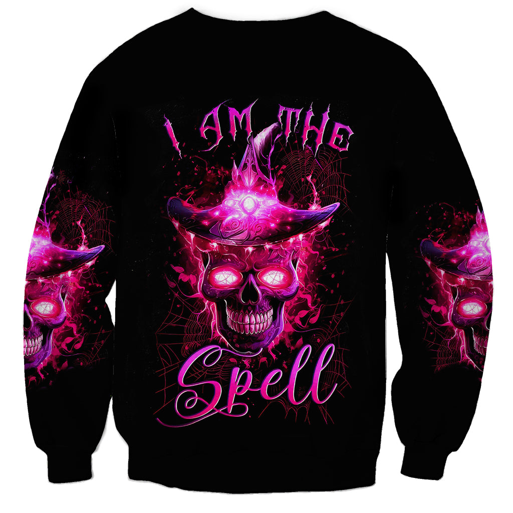 Black unisex sweatshirt with purple witch skull graphic and 'Spell' text on chest
