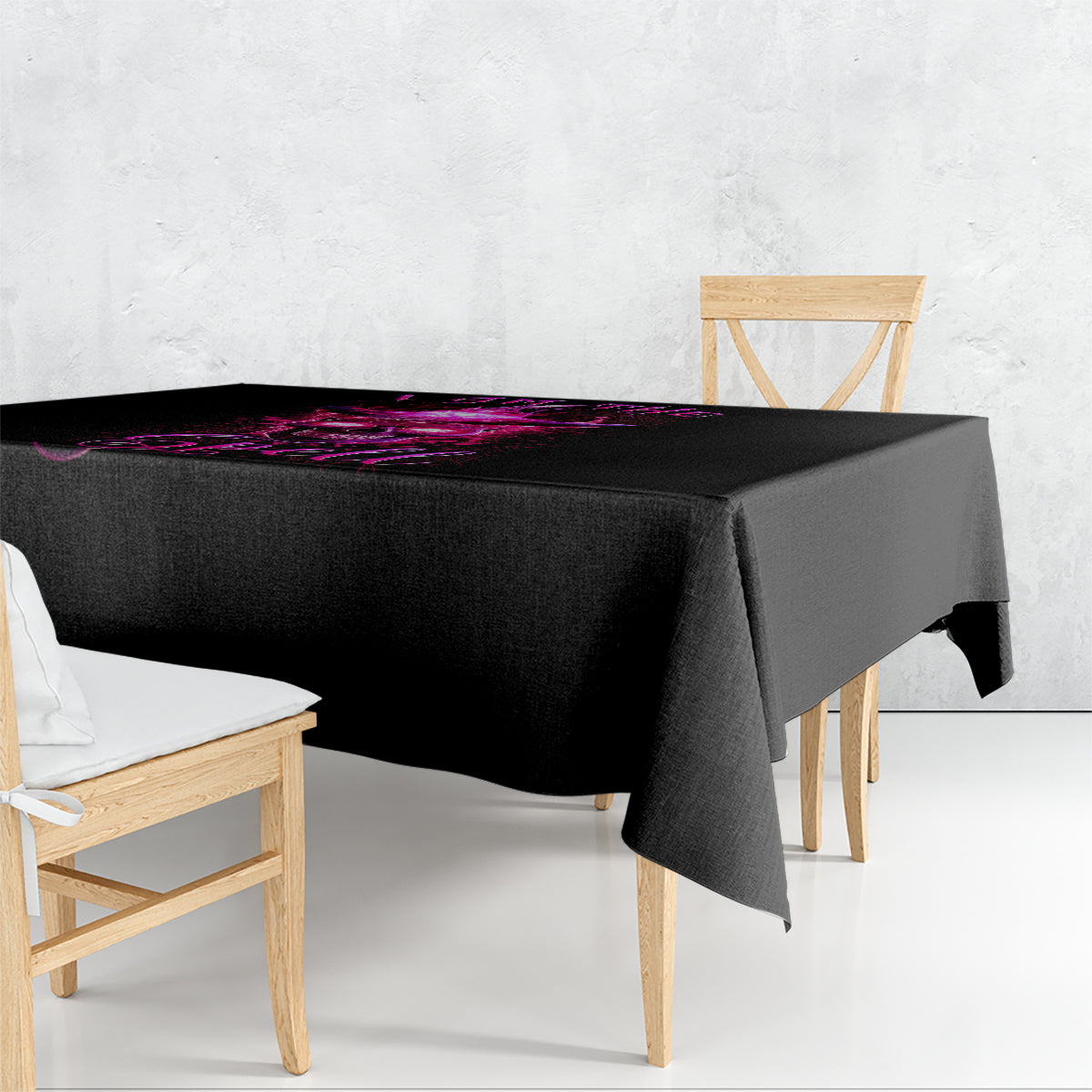 Black tablecloth with purple witch skull and spell graphic, square-cornered drape