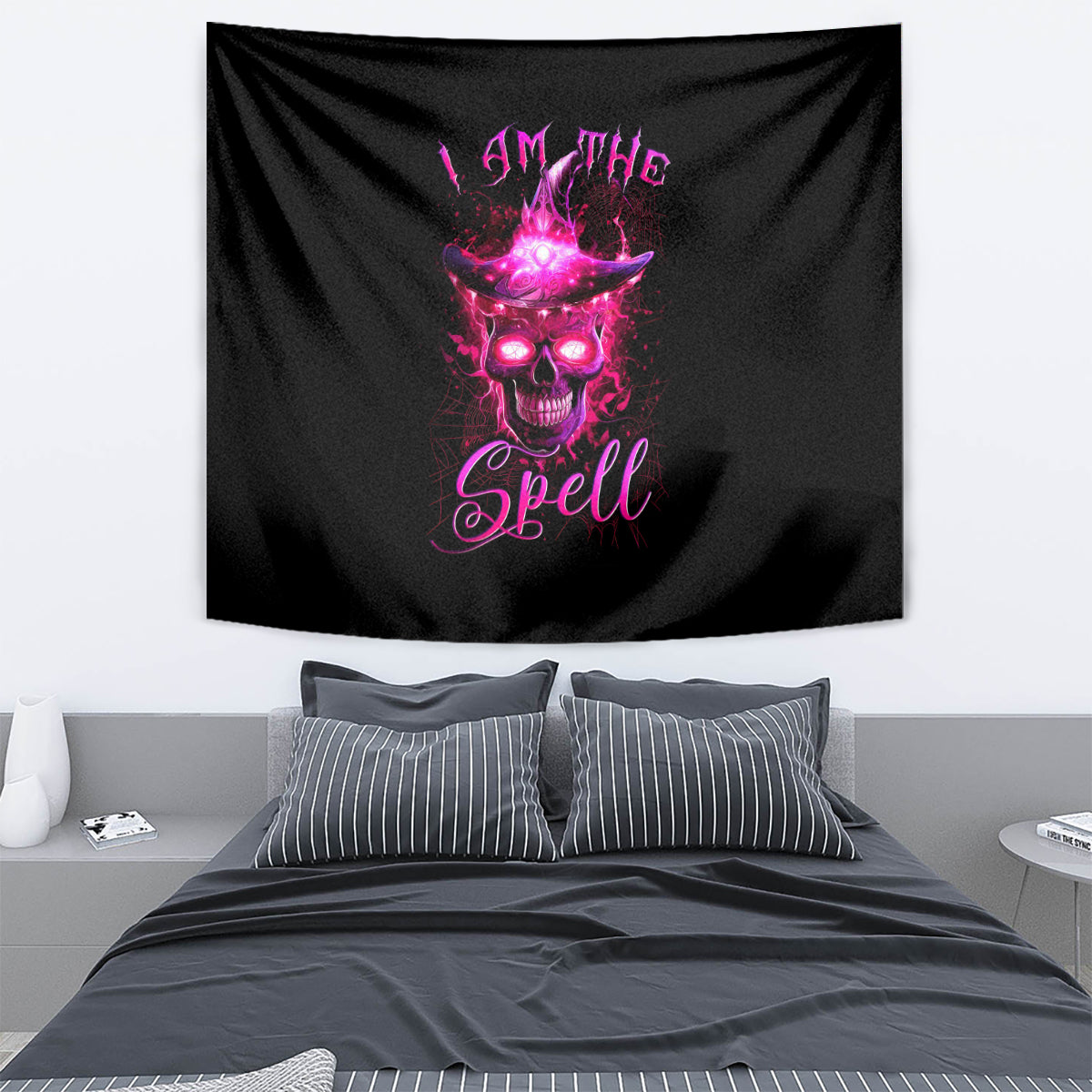 Black tapestry with purple witch skull and glowing spell text