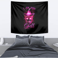 Black tapestry with purple witch skull and glowing spell text
