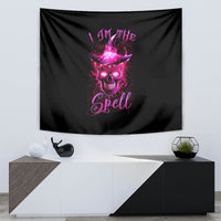 Black wall tapestry with purple witch skull illustration and spell script