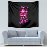 Black tapestry with purple witch skull graphic and spell lettering