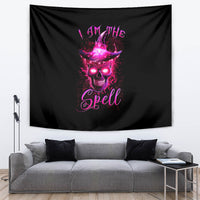 Black tapestry with purple skull, 'I am the' and 'Spell' text