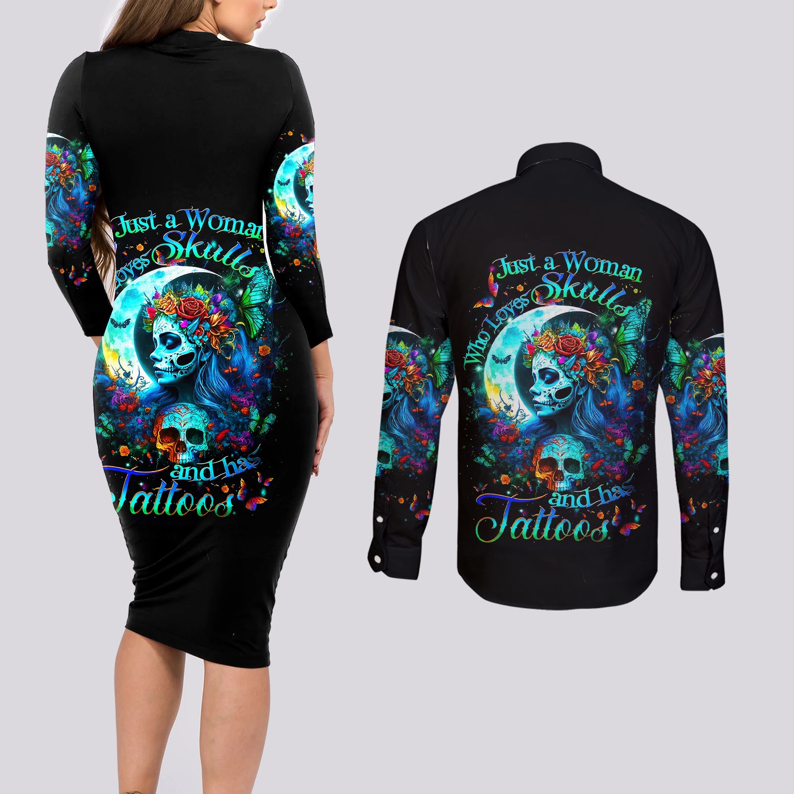 Fairy Skull Couples Matching Long Sleeve Bodycon Dress and Long Sleeve Button Shirts Just The Woman Who Loves Skull And Tattoo - Wonder Print Shop